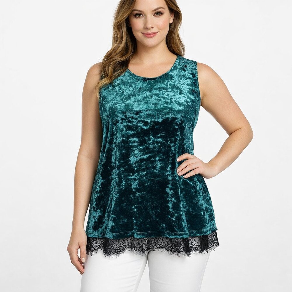 Logo Velvet Lace-Trim Sleeveless Tank Top - Teal Pockets